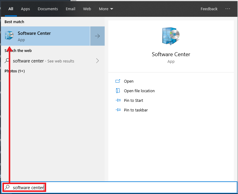 Screenshot of the Software Center window. The search bar is shown, in it is typed "Software Center". The Software Center app is highlighted. There are shown to the right the following options: open, open file location, pin to start, pin to taskbar.